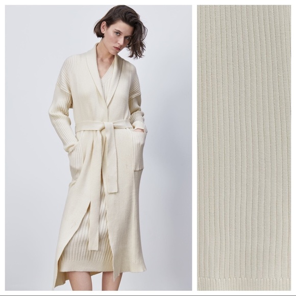 Zara Jackets & Blazers - NWT. Zara Cream Open Front Knit Coat with Belt. Size S.
